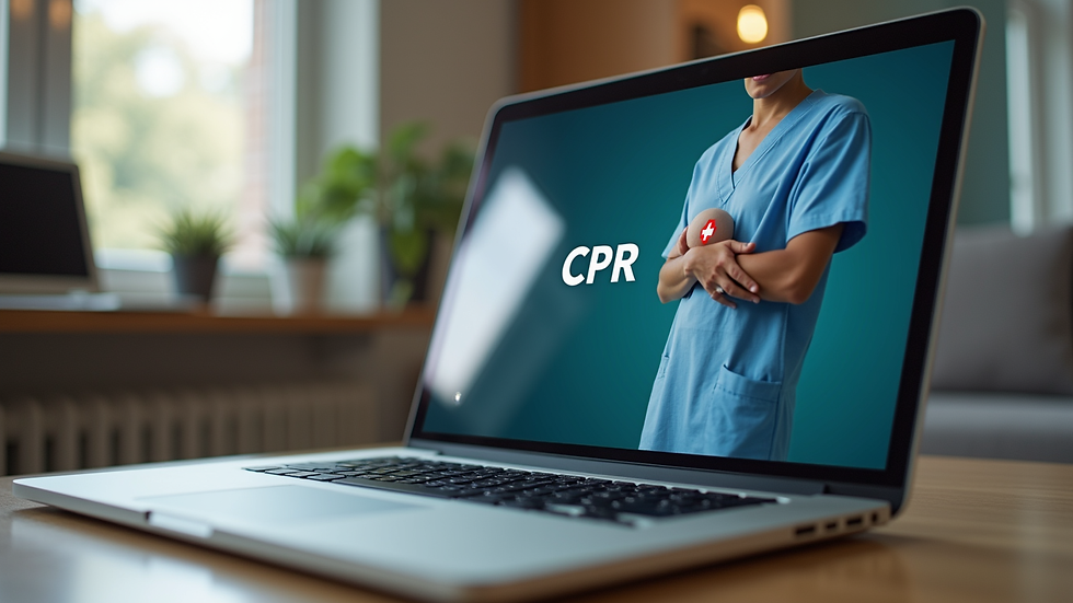 Eye-level view of a laptop displaying an online CPR training course