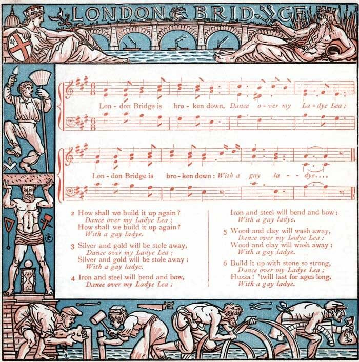 An Illustration of “London Bridge” with an accompanying score by Walter Crane.