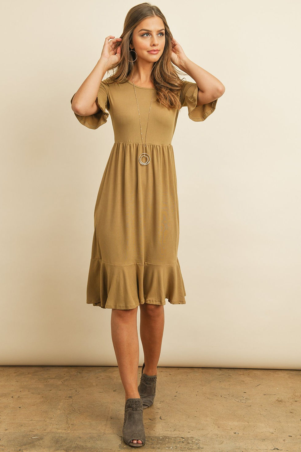Thumbnail: Solid Cinch Waist Ruffle Dress