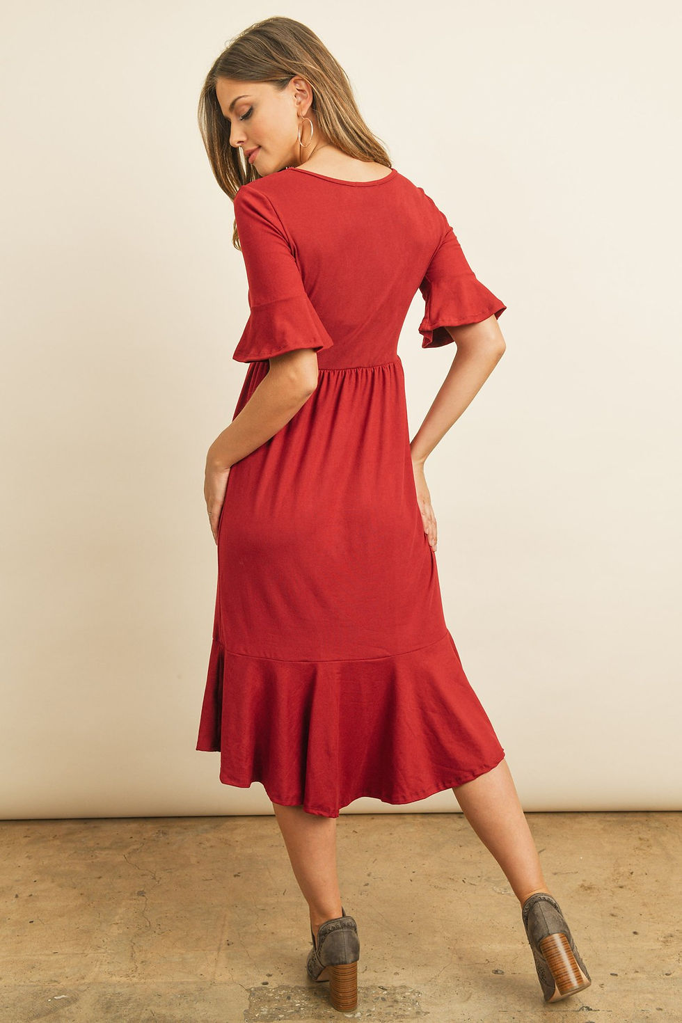 Thumbnail: Solid Cinch Waist Ruffle Dress