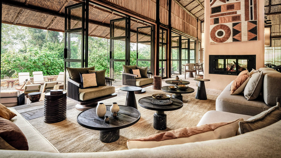This image shows the luxury main lounge area of the Gorilla Forest Lodge located inside Bwindi Impenetrable National Park, Uganda.