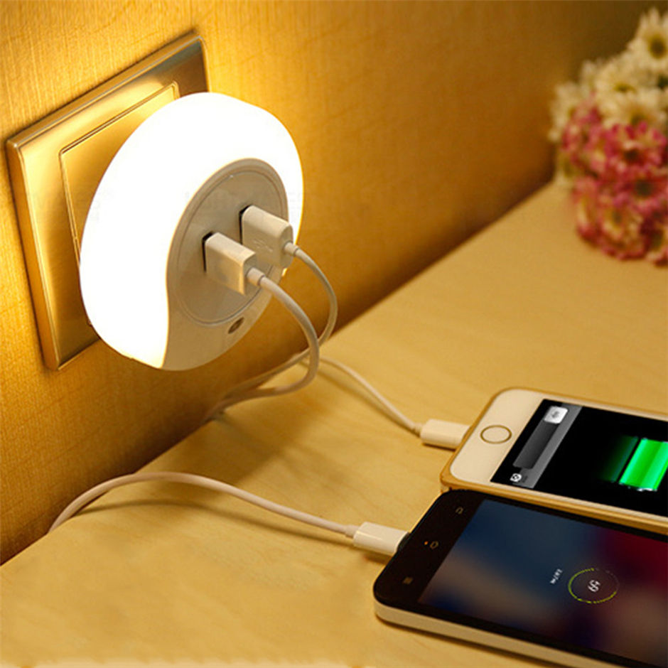 Thumbnail: LED Plug-in Night Light with Dual Port USB Wall Charger