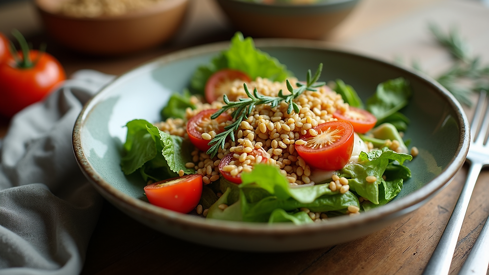 High angle view of a balanced meal with fresh vegetables and grains