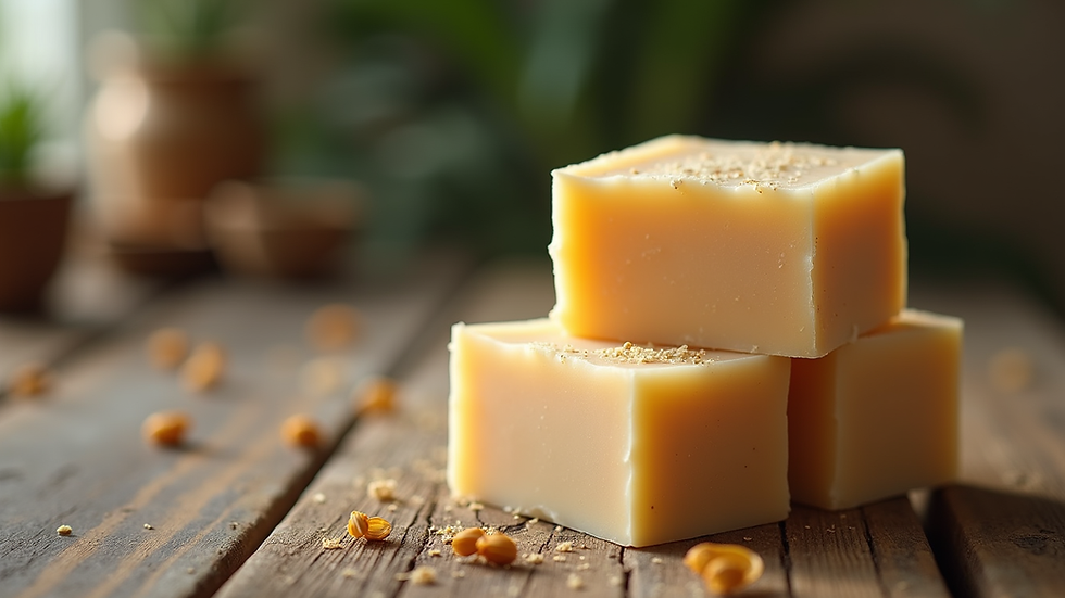Eye-level view of a stack of handmade organic soap bars on a rustic table
