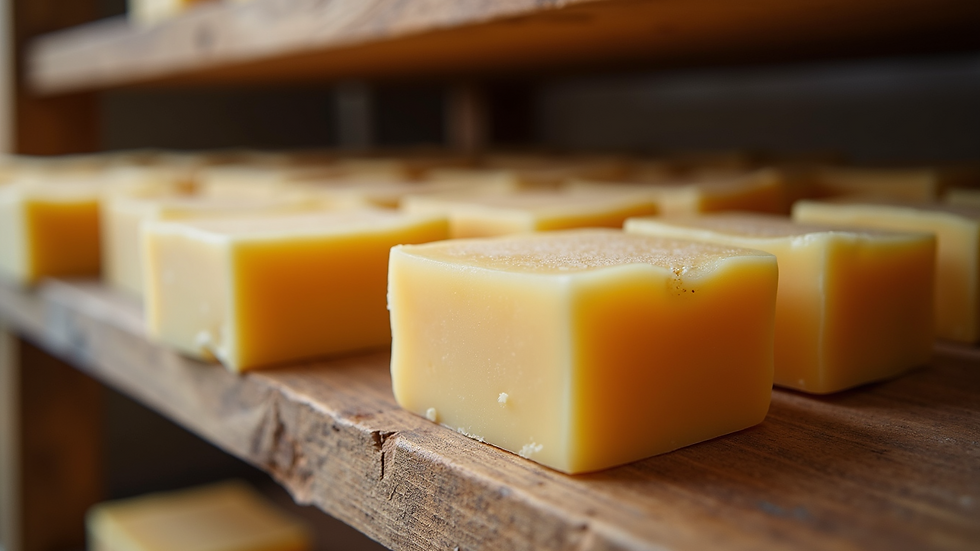Eye-level view of artisan soap bars drying on a wooden rack