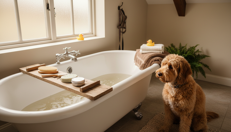 Wide-angle view of pet grooming supplies arranged beside a bathtub