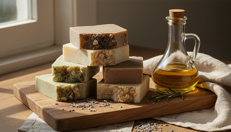 Close-up view of handmade soap bars with olive oil and dried lavender.