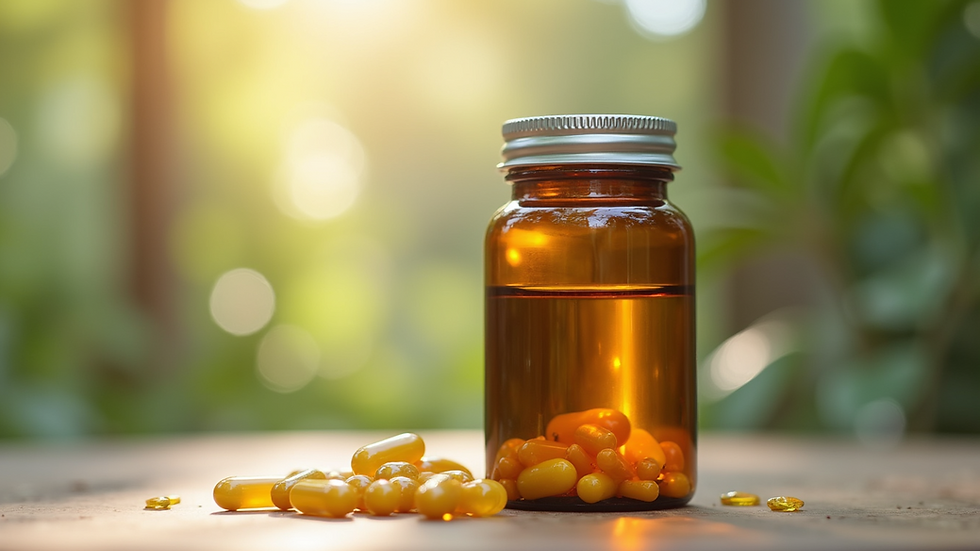Eye-level view of a natural supplement bottle