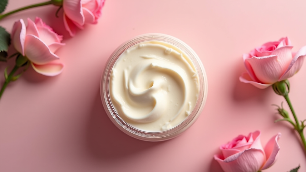 Close-up view of a jar of rose body butter with a smooth creamy texture