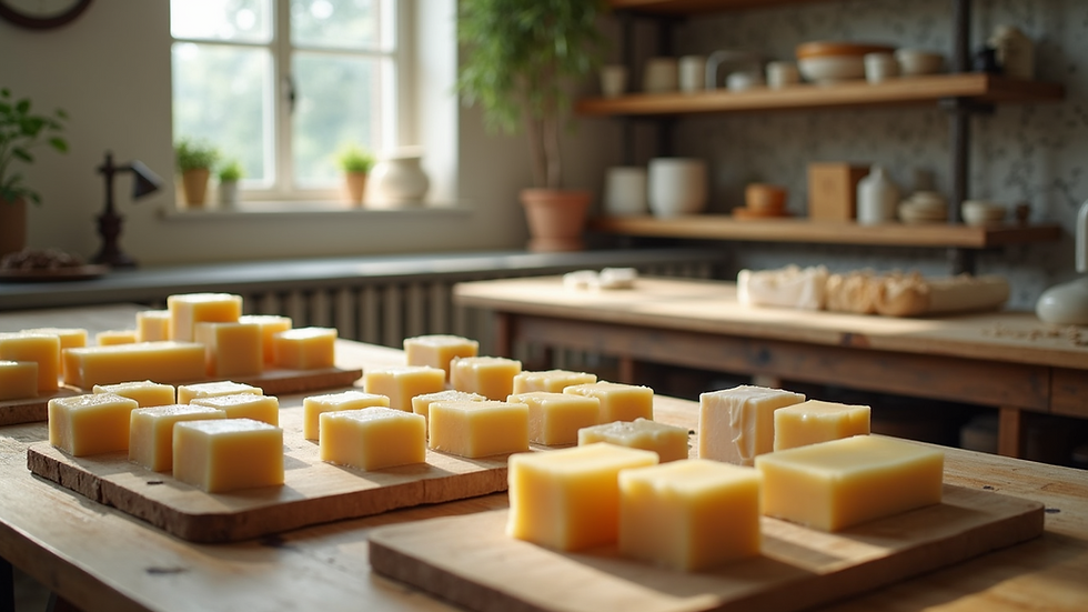 High angle view of an organized soap-making workspace
