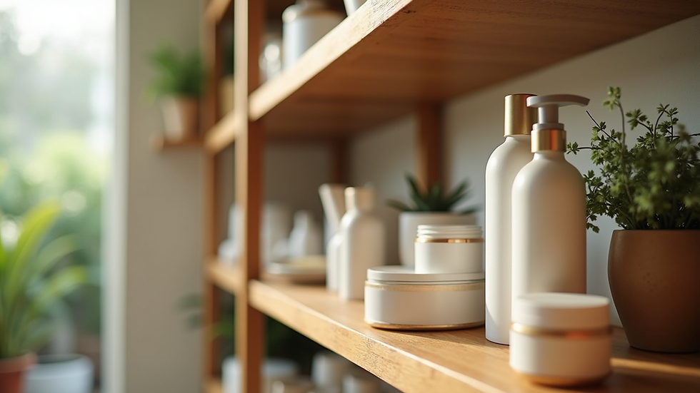 Eye-level view of a shelf with various natural wellness products