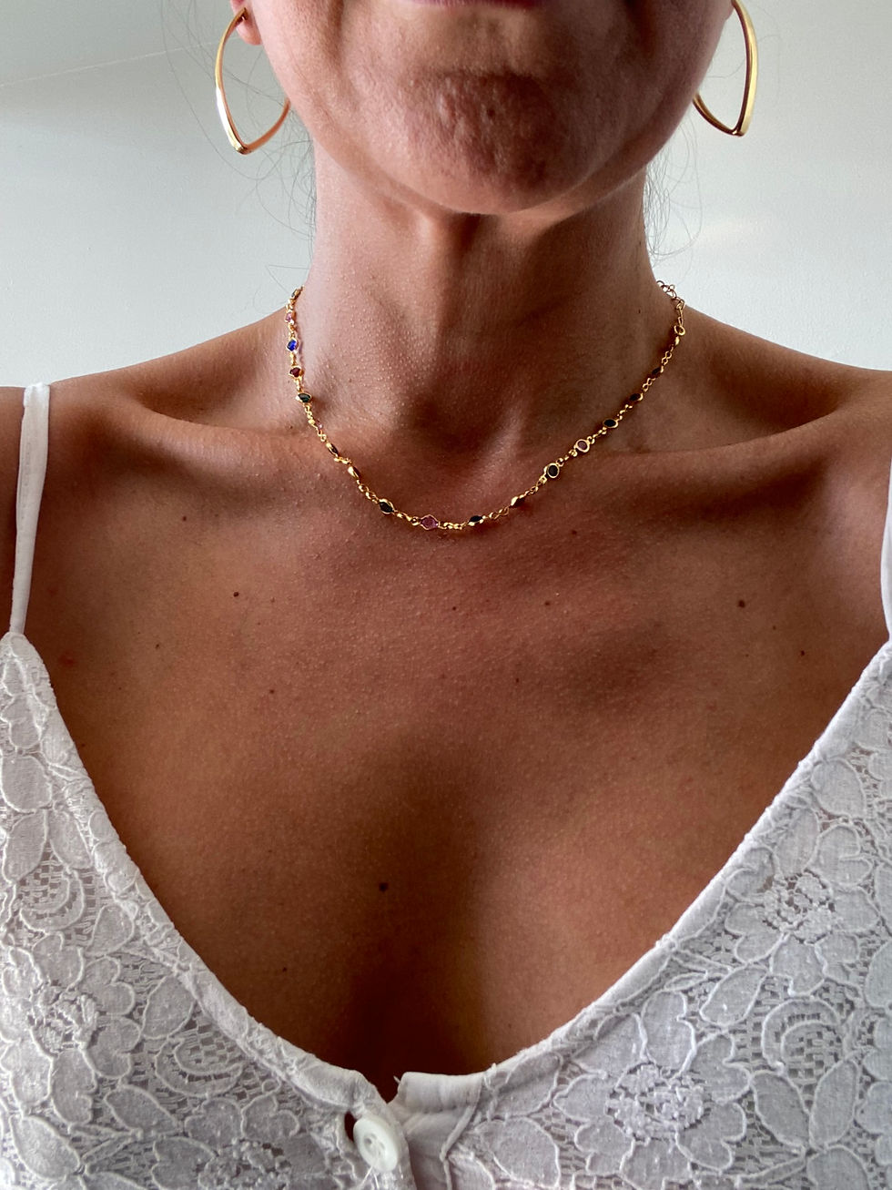 Miniatura: Choker com Zirconias Coloridas Redondas Banhados no Ouro 18k