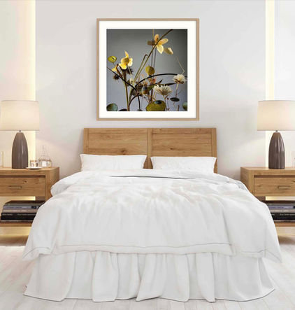 Digital collage from How Does Your Garden Grow by Katherine Boland, blending vibrant plants with burnt timber, showing nature and decay.