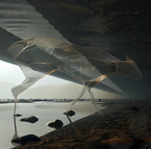 Dawn Dwellers No 3 by Katherine Boland shows a ghostly, AI-generated creature in a dreamlike dawn landscape, evoking loss and vulnerability.