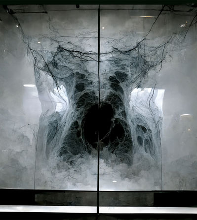 Digital art by Katherine Boland showing an apocalyptic negligee made of cobwebs and ash displayed behind glass, evoking fragility, decay, and the haunting remnants of a lost world.