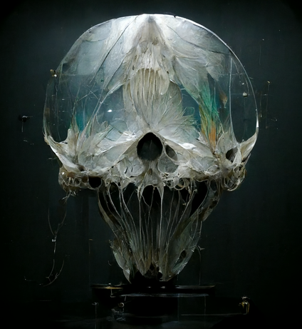 Natural Wonder by Katherine Boland features a skull-like form of feathers, bone, and glass, evoking beauty, decay, and transformation.