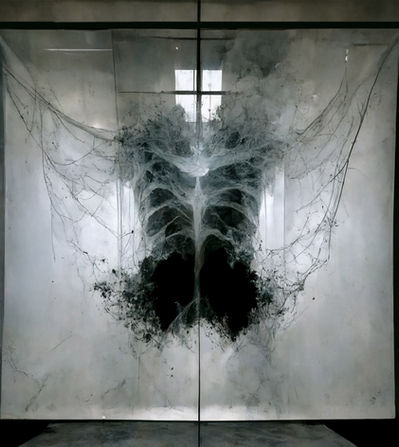 Digital art by Katherine Boland showing an apocalyptic negligee made of cobwebs and ash displayed behind glass, evoking fragility, decay, and the haunting remnants of a lost world.