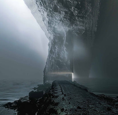 Digital art by Katherine Boland showing a stormy, dark and apocalyptic landscape, evoking environmental collapse.