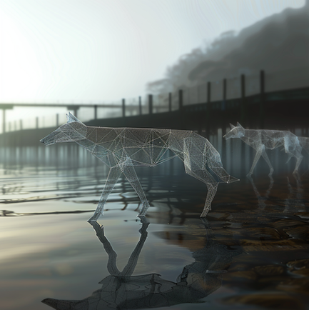 Digital art by Katherine Boland showing ghostly exoskeletal dogs roaming in a misty, surreal landscape.