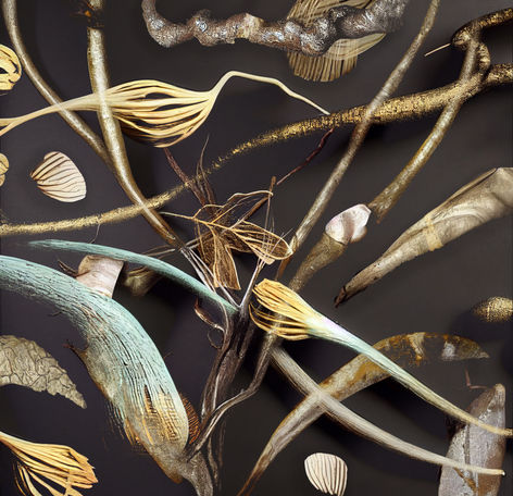 Digital collage by Katherine Boland blends AI generated feathers, seedpods, and bones, exploring nature’s cycles of loss and renewal and the impact of technology on the environment.