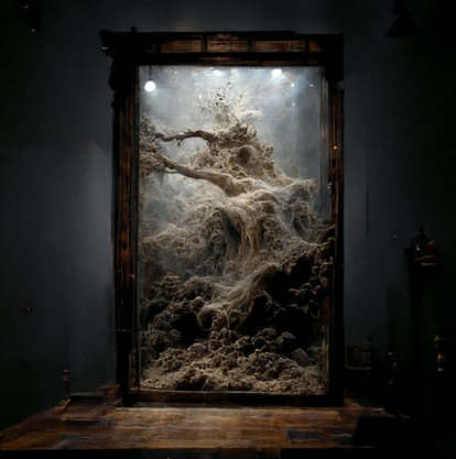 Digital image by Katherine Boland showing a flood in a glass museum cabinet.