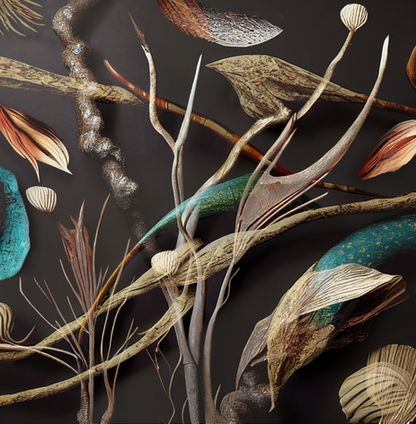 Digital collage by Katherine Boland blends AI generated feathers, seedpods, and bones, exploring nature’s cycles of loss and renewal and the impact of technology on the environment.