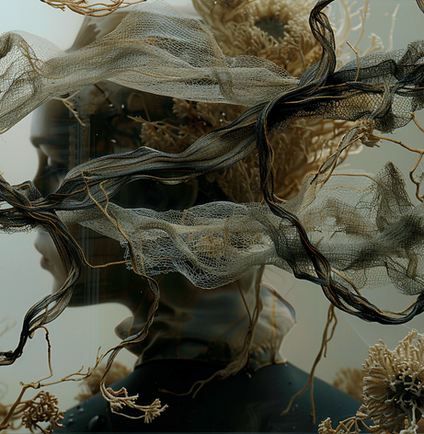 Digital art by Katherine Boland shows a mythical sea figure blending marine textures, embodying the ocean’s power, beauty, and ecological warning.
