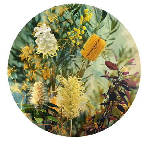 A vibrant circular Australian native flora print by Australian climate artist, Katherine Boland.
