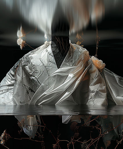 Digital image by Katherine Boland shows a spectral figure entwined with plant forms, floating in a dreamlike space of stillness and impermanence.