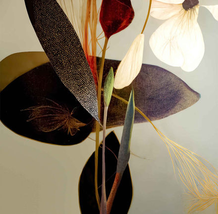 Digital collage by Katherine Boland with abstract plant forms blending burnt wood and textures, reflecting nature’s fragility and strength.