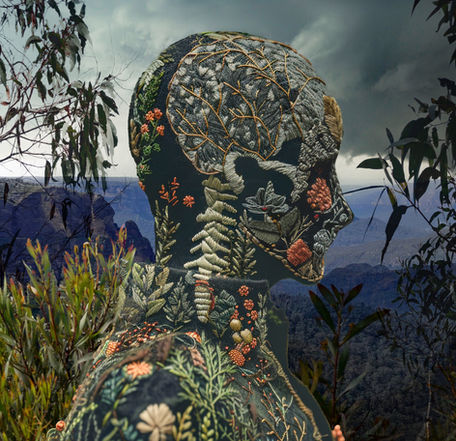 Digital art by Katherine Boland showing a portrait of a tapestry covered figure in the Australian Blue Mountains.
