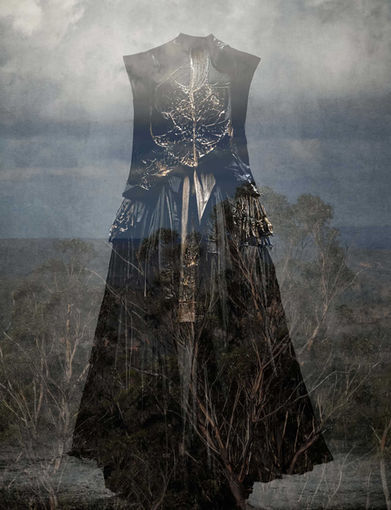A ghostly garment floats in a misty Blue Mountains landscape, blending photography and AI to evoke the Brontë sisters’ legacy.
