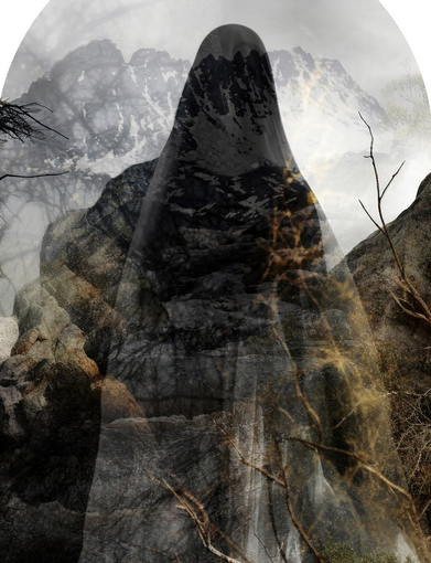 Digital artwork by Katherine Boland merging a photograph of Cradle Mountain in Tasmania with a sentinel-like apparition.
