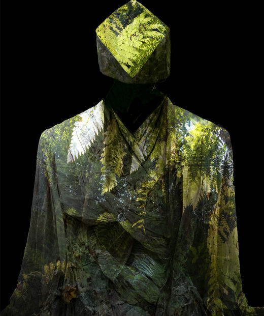Digital collage Portrait of a Rainforest by Katherine Boland shows lush foliage and vines with shadows hinting at ecological fragility.