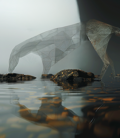 Dawn Dwellers No 4 by Katherine Boland shows a ghostly, AI-generated creature in a dreamlike dawn landscape, evoking loss and vulnerability.