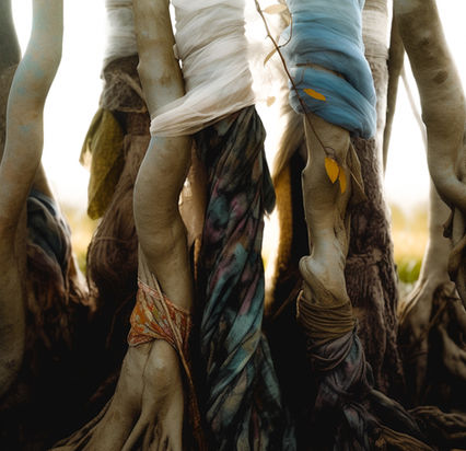 Digital art by Katherine Boland showing fabric-wrapped trees standing in a surreal landscape.