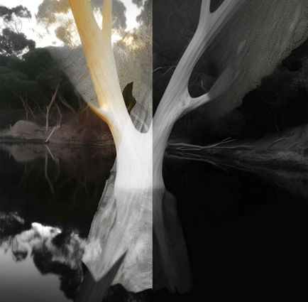 Digital image by Katherine Boland shows ghostly trees wrapped in plastic, blending photos and AI to reflect environmental loss and urgency.