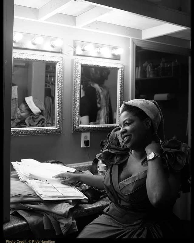 LaKesha Glover backstage at her dressing room mirror for Small Craft Warnings