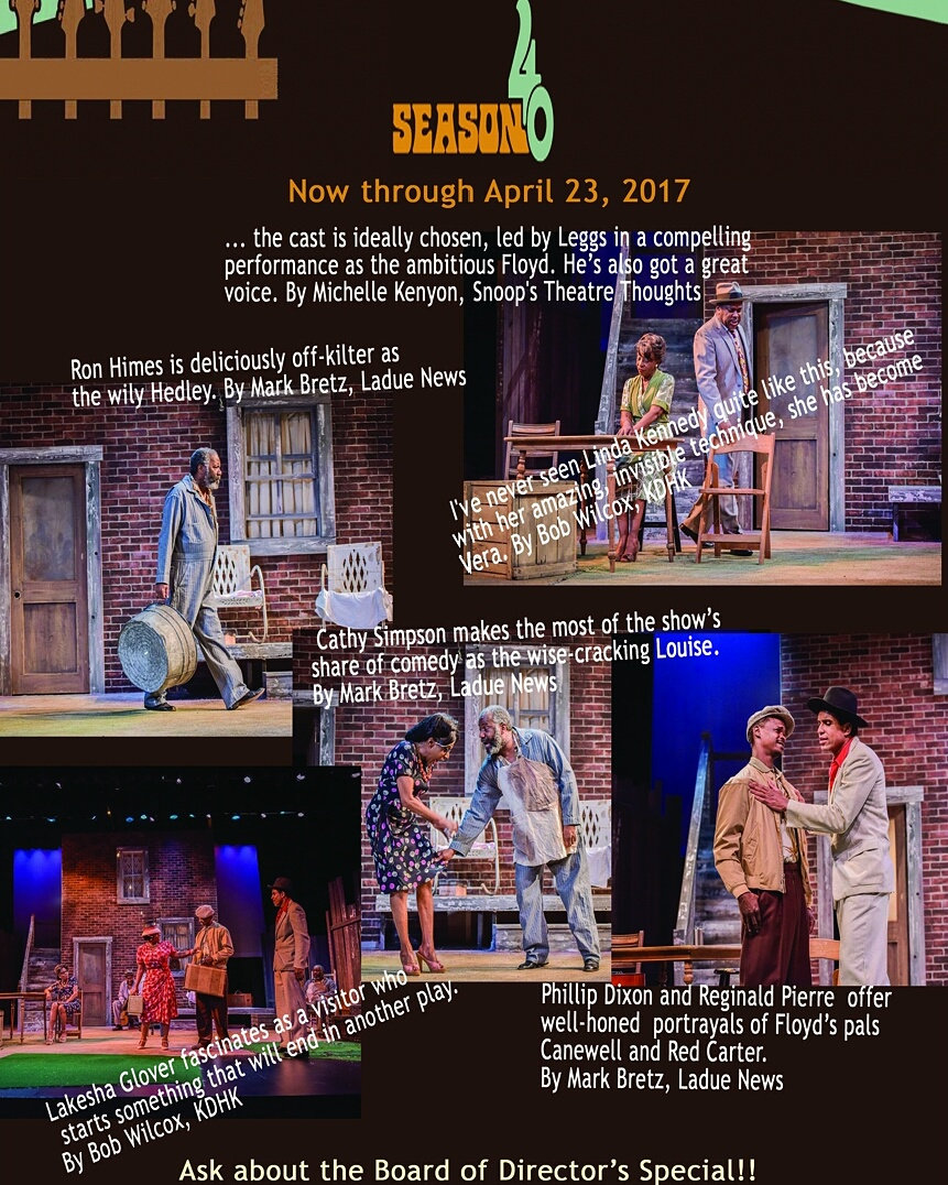 St. Louis Black Rep press collage for Seven Guitars with review quotes, including one praising LaKesha Glover