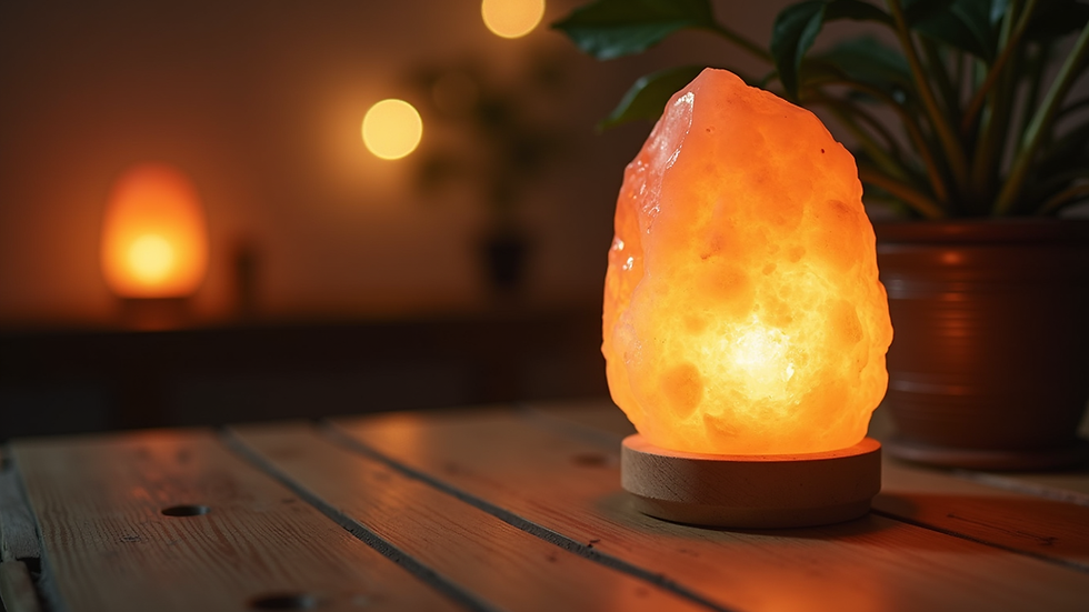 Close-up view of glowing Himalayan salt lamp on wooden table