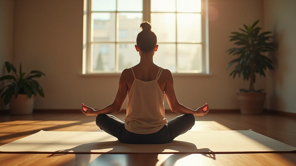 eye-level view of a person sitting cross-legged on a mat practicing meditation