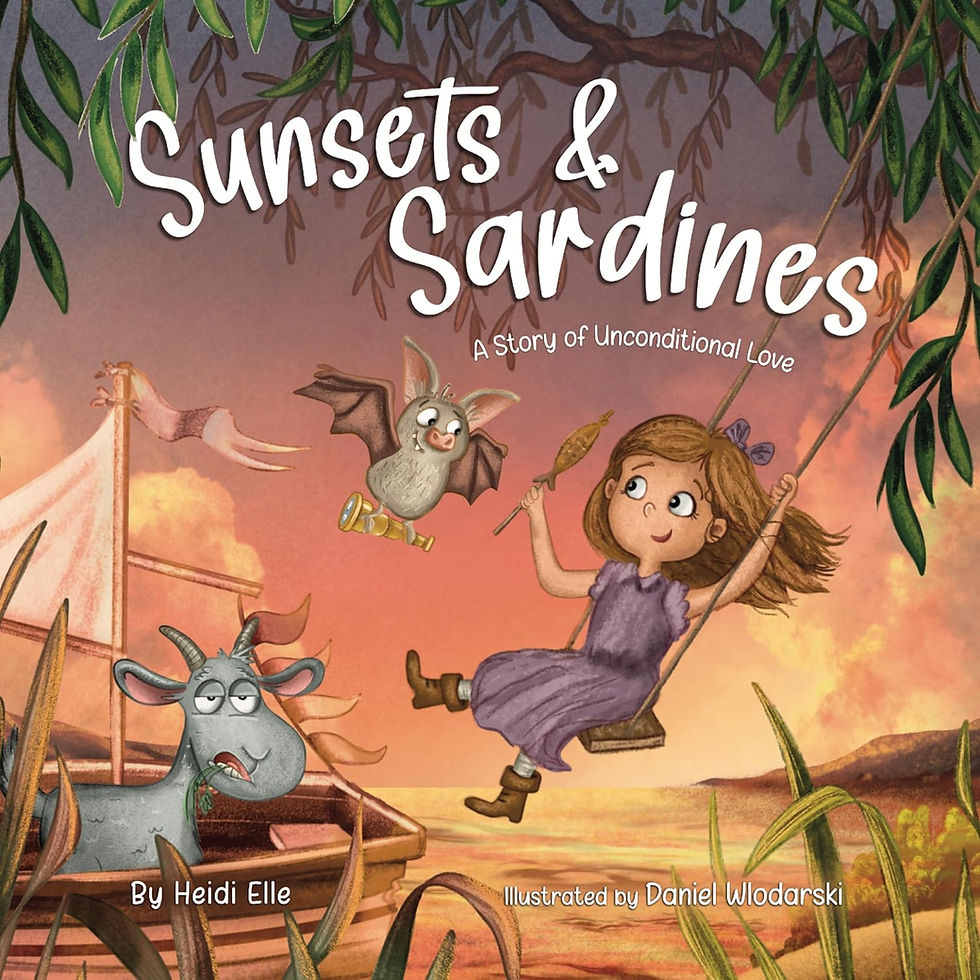 Girl on swing holds sardine, joined by bat with telescope and goat in boat. "Sunsets & Sardines: A Story of Unconditional Love" text.