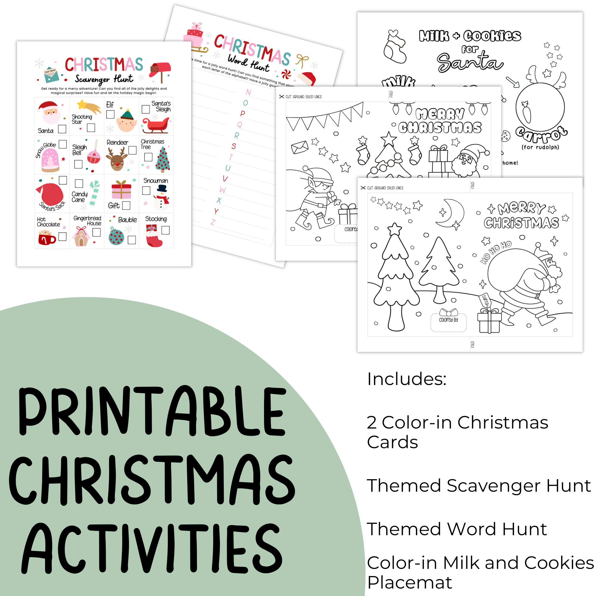 Christmas Activity Bundle | Color-In Greeting Cards, Holiday Placemat, Scavenger