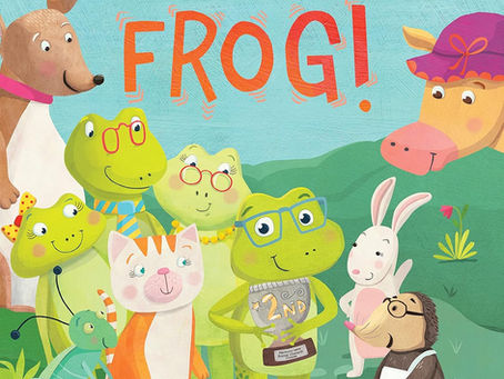 Cartoon animals, including a frog holding a "2nd" place trophy, gather on grass. Bright colors, playful mood. Text reads "Ready... Set... Frog!"