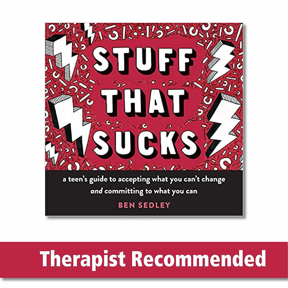 Book cover titled "Stuff That Sucks" by Ben Sedley, red background with white patterns. Text below reads "Therapist Recommended."