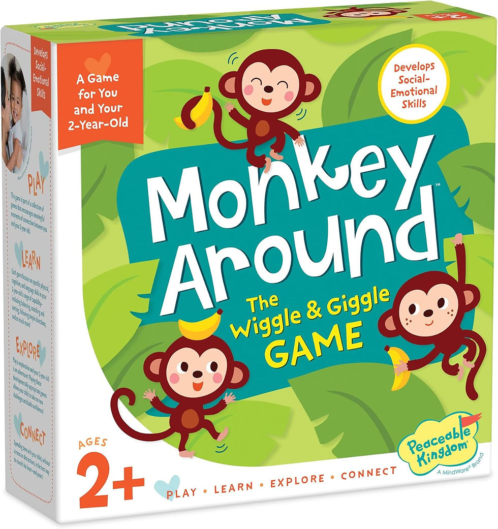 Box for "Monkey Around: The Wiggle & Giggle Game" with playful monkeys holding bananas on a green leaf background. Ages 2+.