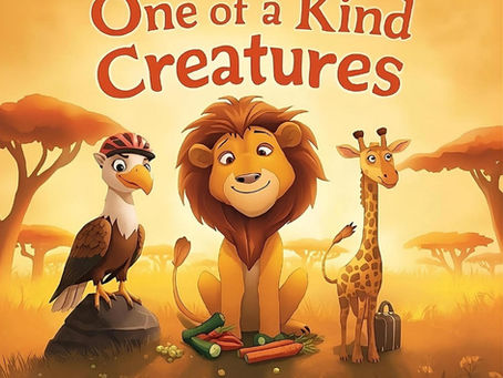 Animated lion, eagle, and giraffe in a sunlit savanna. Text reads "One of a Kind Creatures." Bright, cheerful vibe.
