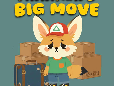 Cartoon fox with a red cap looks sad, standing by boxes labeled "fragile" and a suitcase. Text: "Finnikan's Big Move." Background: teal.