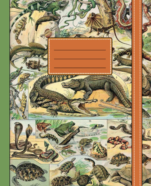 Illustrated notebook cover with various reptiles, amphibians, and snakes. Features green and orange borders with a blank orange label.