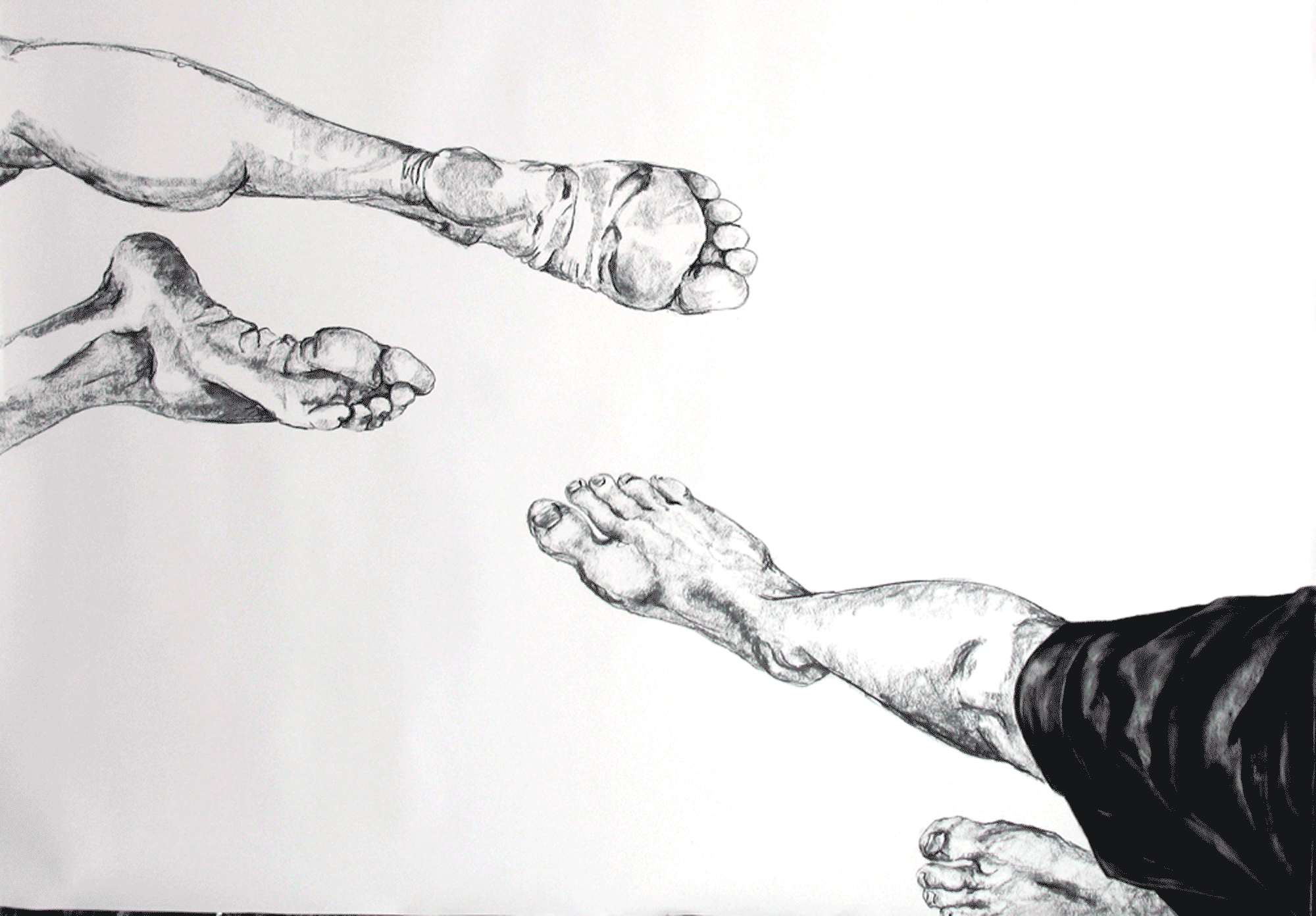 Charcoal drawing of the feet of 2 people meeting. One is standing and the other is lying on the ground